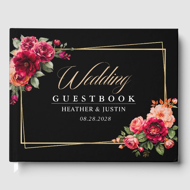 Chic red black floral wedding  guest book (Front)