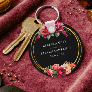Chic red black floral wedding keychain
