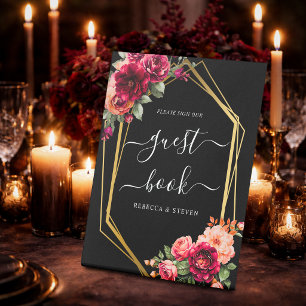 Chic red black floral wedding pedestal sign