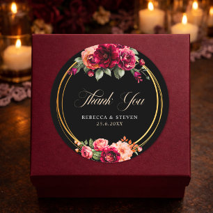 Chic red black floral wedding thank you classic round sticker