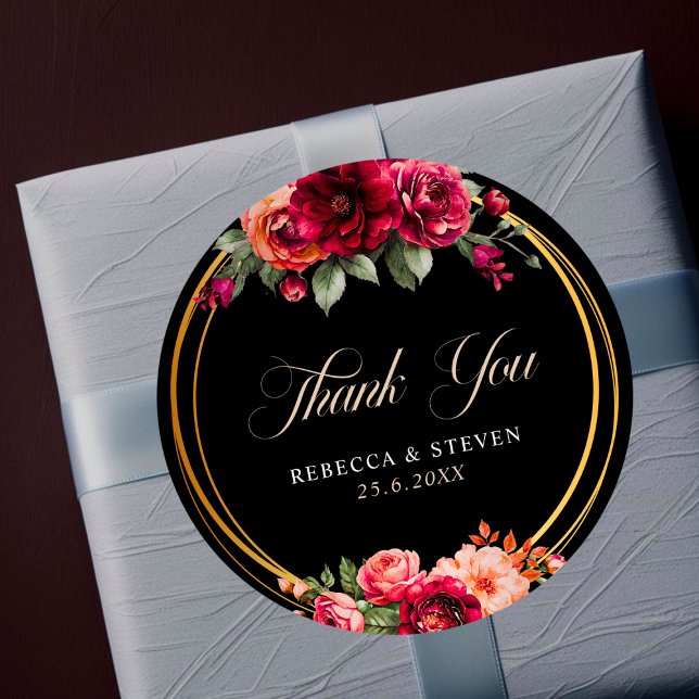 Chic red black floral wedding thank you classic round sticker (Creator Uploaded)