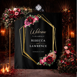 Chic red black floral wedding welcome tapestry