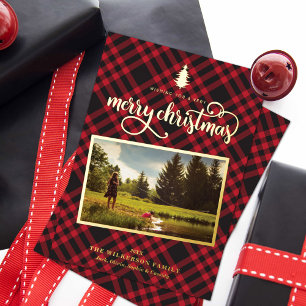 Chic Red & Black Plaid Photo Foil Holiday Card