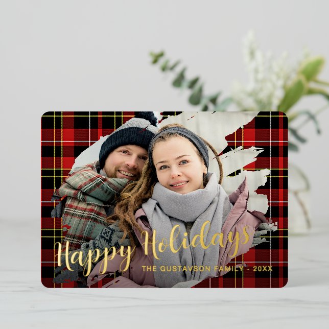 Chic Red Black Yellow White Plaid Pattern Gold Foil Holiday Card (Standing Front)