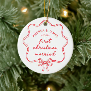 Chic Red Bow Coquette First Christmas Married Ceramic Ornament