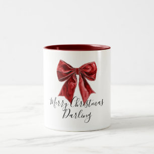Chic Red Bow Personalized Christmas Two-Tone Coffee Mug