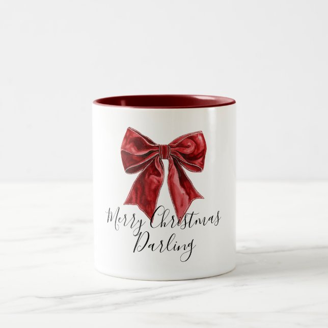 Chic Red Bow Personalized Christmas Two-Tone Coffee Mug (Center)