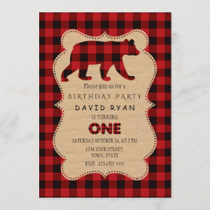 Chic Red Buffalo Flannel Up Plaid Birthday ONE Invitation