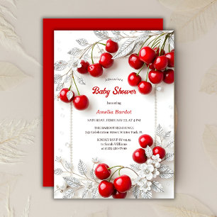 Chic Red Cherry Themed Girl Baby Shower Invitation