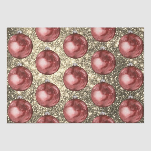 Chic Red Christmas Balls Gold Sparkles Tissue Paper (Front)