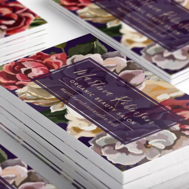 Chic Red Cream and Purple Painted Floral Business Card (Close-up stacked Chic Red, Cream and Purple Painted Floral Business Cards)