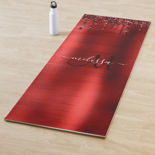 Chic Red Dripping Glitter Monogram Name Yoga Mat