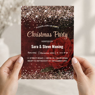 Chic red flower faux gold glitter Christmas Invitation