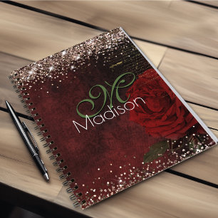 Chic red flower faux gold glitter monogram notebook