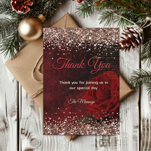 Chic red flower faux gold glitter thank you  card