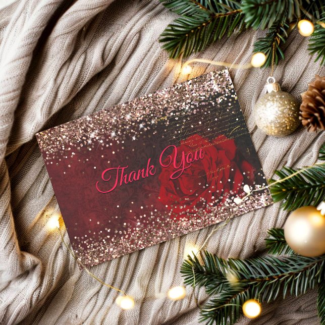 Chic red flower faux gold glitter thank you card (Creator Uploaded)