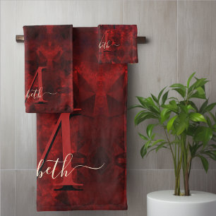 Chic red flower gold drips glitter monogram bath towel set