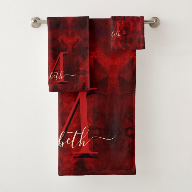 Chic red flower gold drips glitter monogram bath towel set (Insitu)