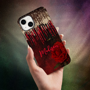 Chic red flower gold drips glitter monogram iPhone 15 case