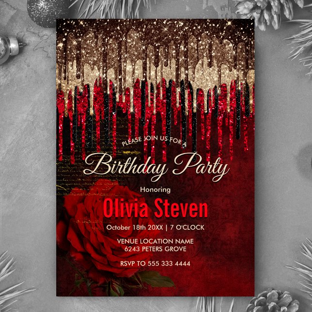 Chic red flower gold drips glitter monogram invitation (Creator Uploaded)
