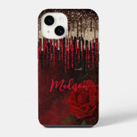 Chic red flower gold drips glitter monogram