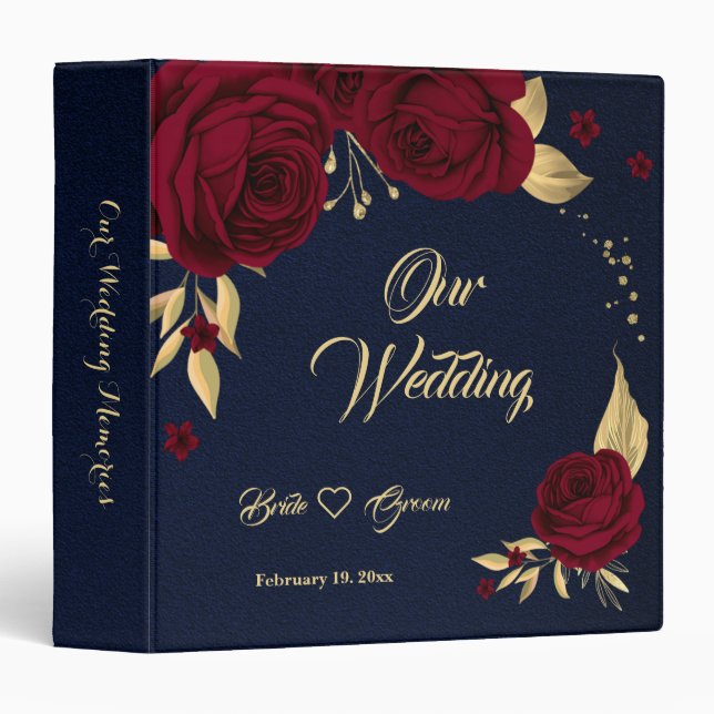 chic red flowers gold leaves navy photo album binder (Front/Spine)