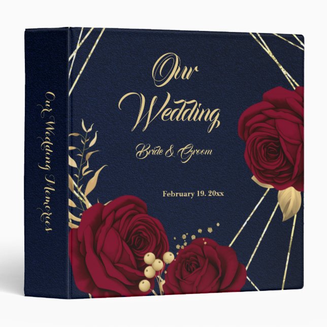 chic red flowers gold leaves navy photo album binder (Front/Spine)