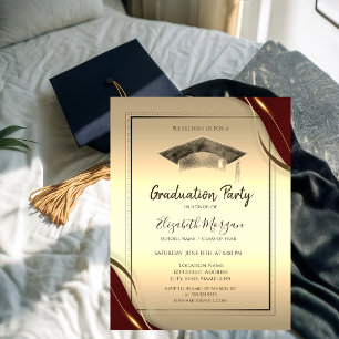 Chic Red Frame,Graduation Cap Gold Graduation Invitation