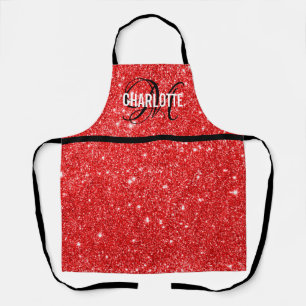 Chic red glitter monogram name  apron