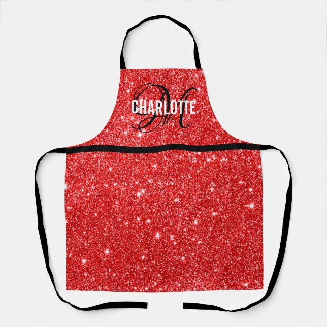Chic red glitter monogram name  apron (Front)