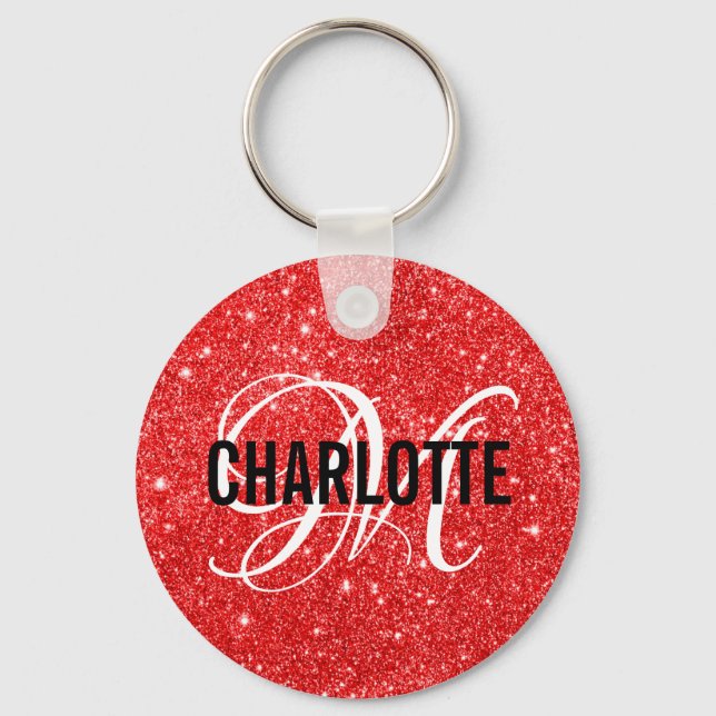 Chic red glitter monogram name  keychain (Front)
