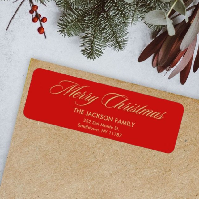 Chic Red & Gold Christmas Script Return Address (Creator Uploaded)