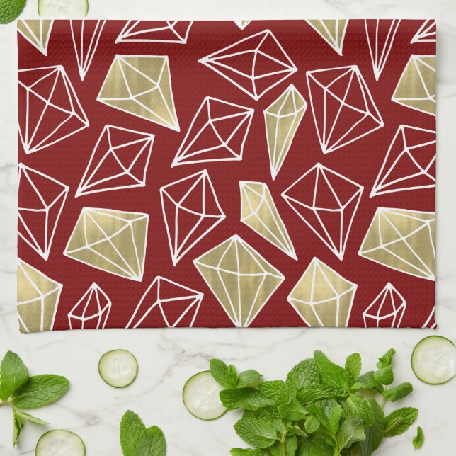 Chic Red Gold Diamonds Christmas Kitchen Towel (Folded)