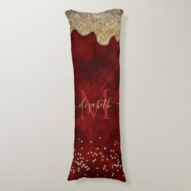 Chic red gold drippings glitter monogram body pillow (Front Vertical)