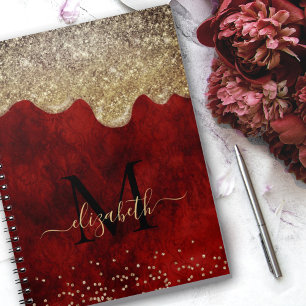 Chic red gold drippings glitter monogram notebook