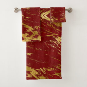 Chic Red Gold Faux Marble Bath Towel Set