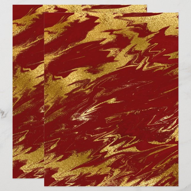 Chic Red Gold Faux Marble Scrapbook Paper (Front/Back)