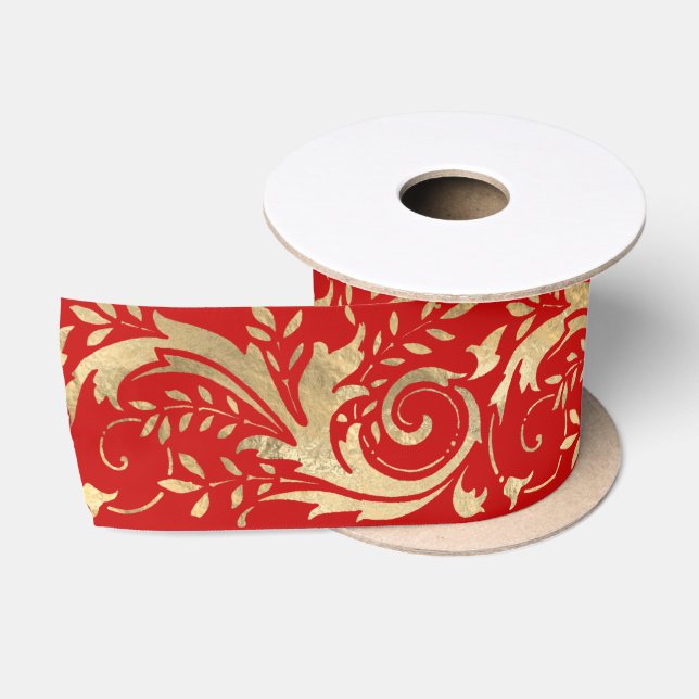 Chic Red Gold Floral Scroll Modern Pattern Satin Ribbon (Spool)