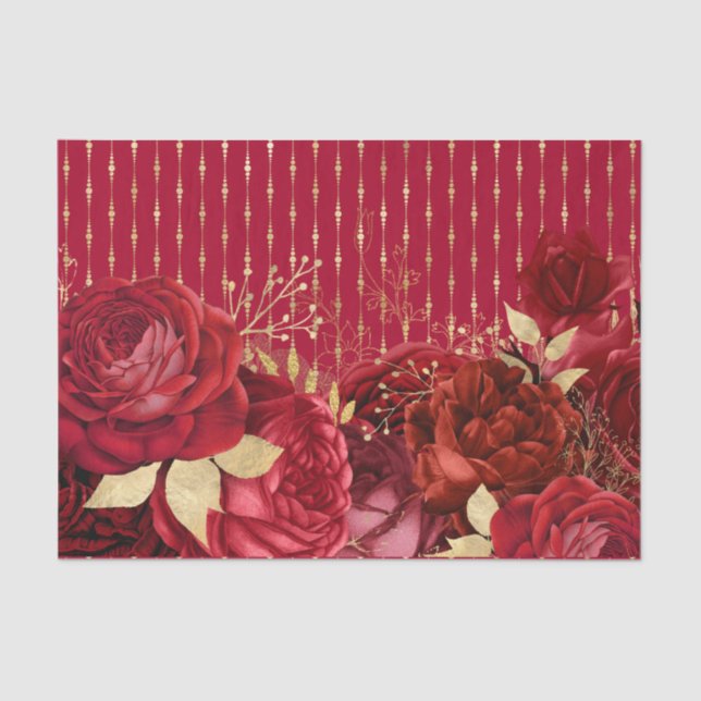 Chic Red Gold Floral Tissue Paper (Front)