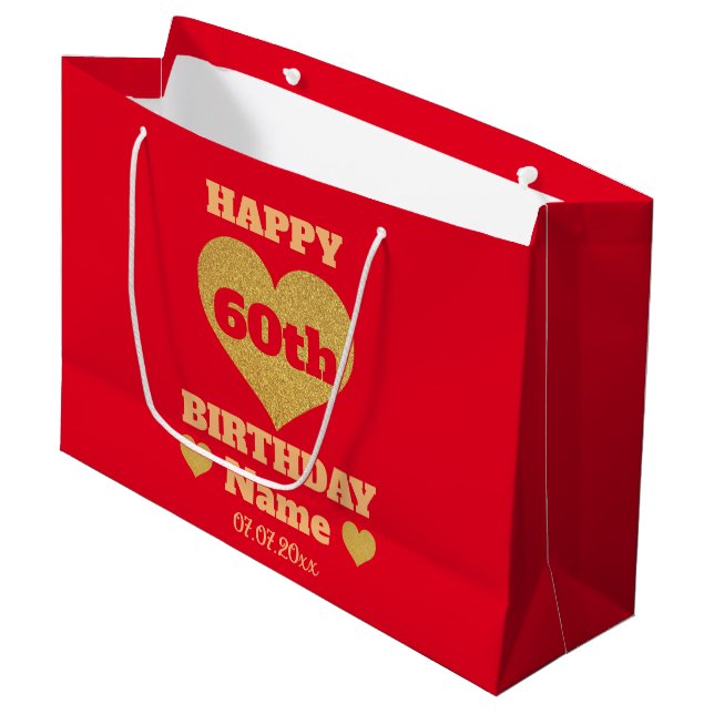 Chic Red & Gold Glitter Heart Happy 60th Birthday Large Gift Bag (Front Angled)