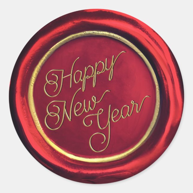   Chic Red & Gold Happy New Year Wax Seal Stickers (Front)