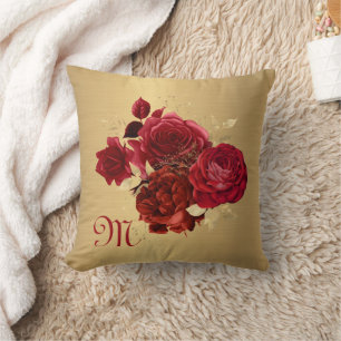 Chic Red Gold Monogram Initial Customizable Throw Pillow