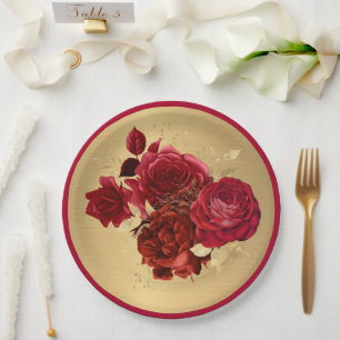 Chic Red Gold Roses Floral Paper Plate