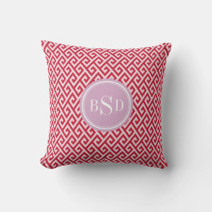 Chic red greek key geometric patterns monogram throw pillow