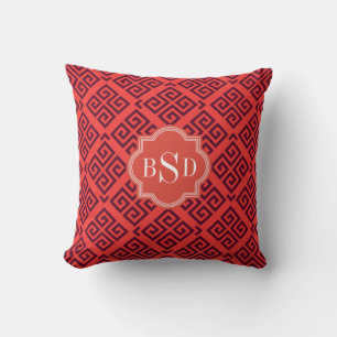 Chic red greek key geometric patterns monogram throw pillow