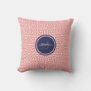 Chic red greek key geometric patterns monogram throw pillow