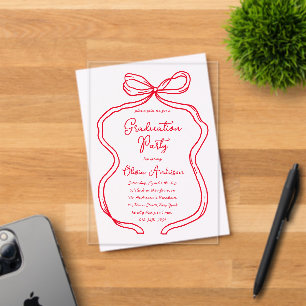 Chic Red Hand Drawn Bow & Script Graduation Party Acrylic Invitations