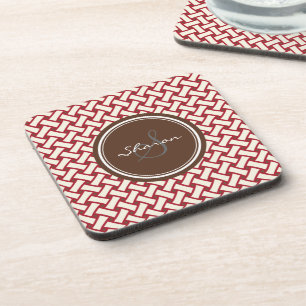 Chic red herringbone geometric patterns monogram coaster