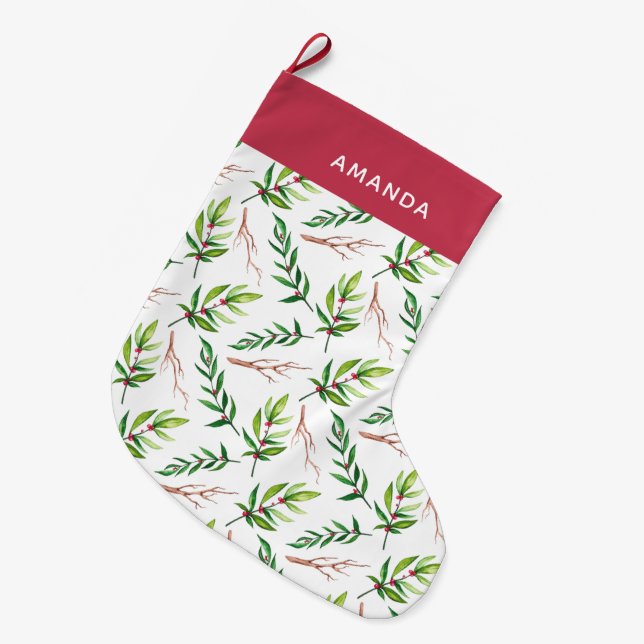 Chic Red Holly Leaves Pattern Holiday Personalized Large Christmas Stocking (Front (Hanging))