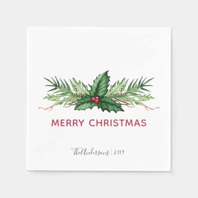 Chic Red Holly Painted Bouquet Christmas Holiday Napkin (Front)
